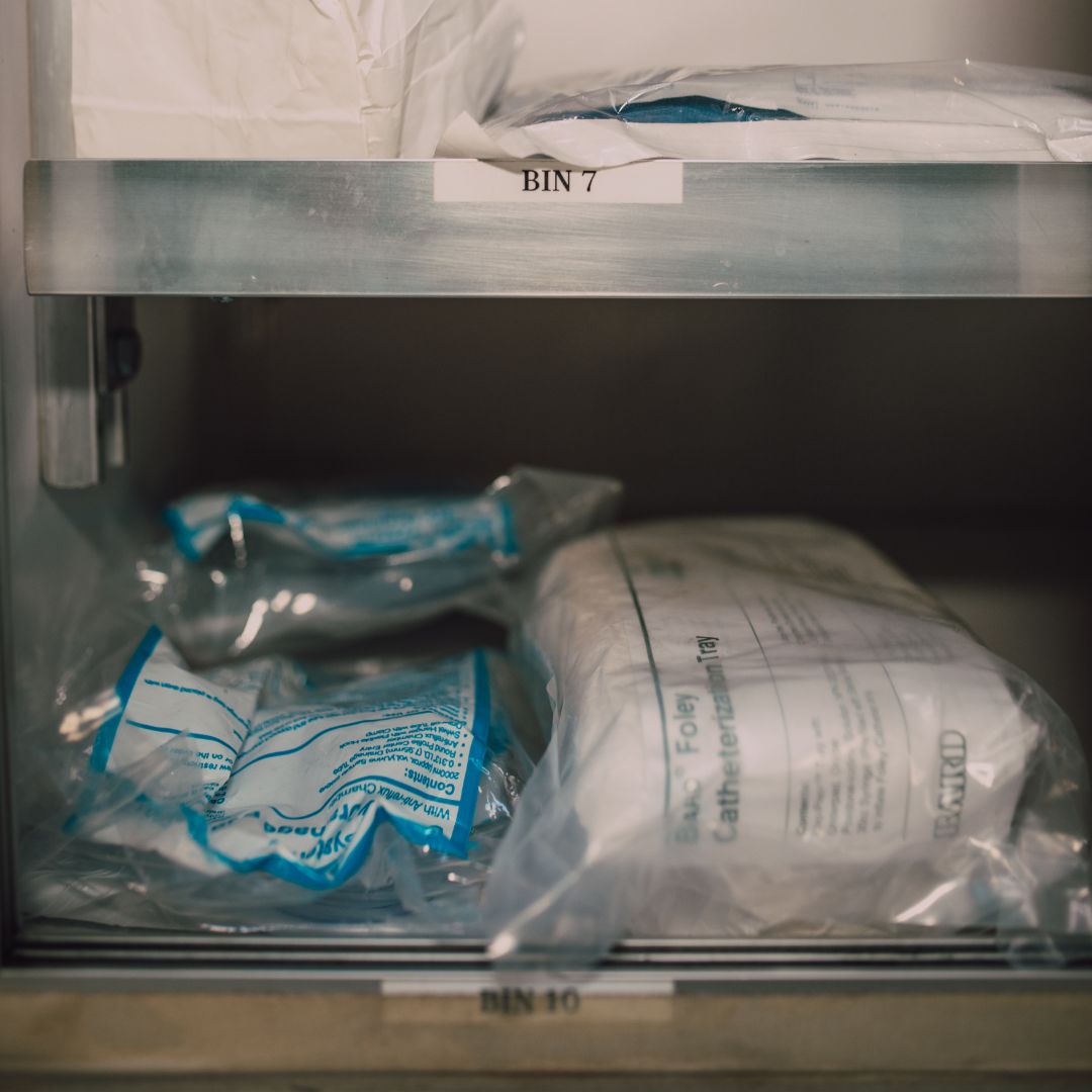 Medical supplies on shelf.