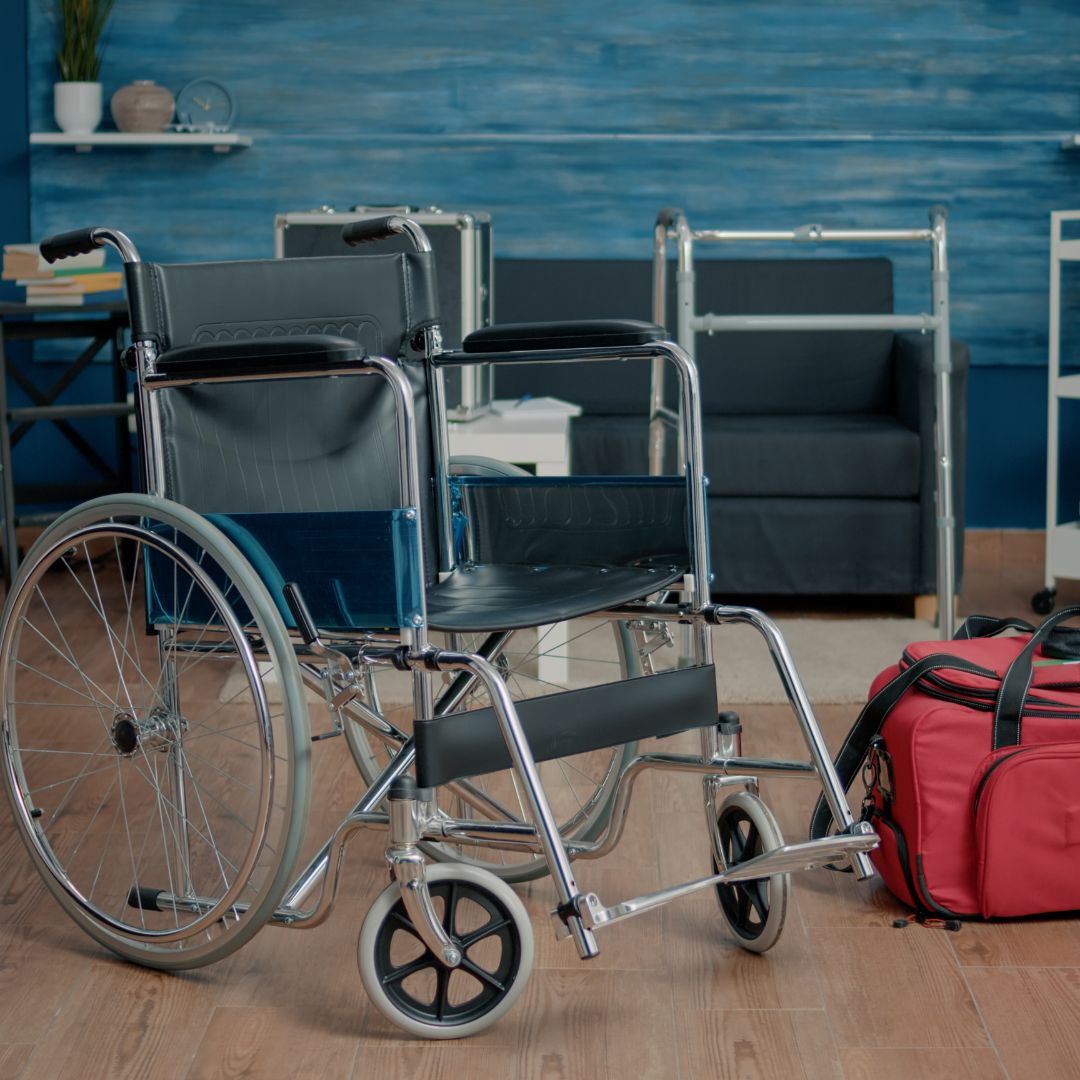 Medical wheelchair and supplies. 