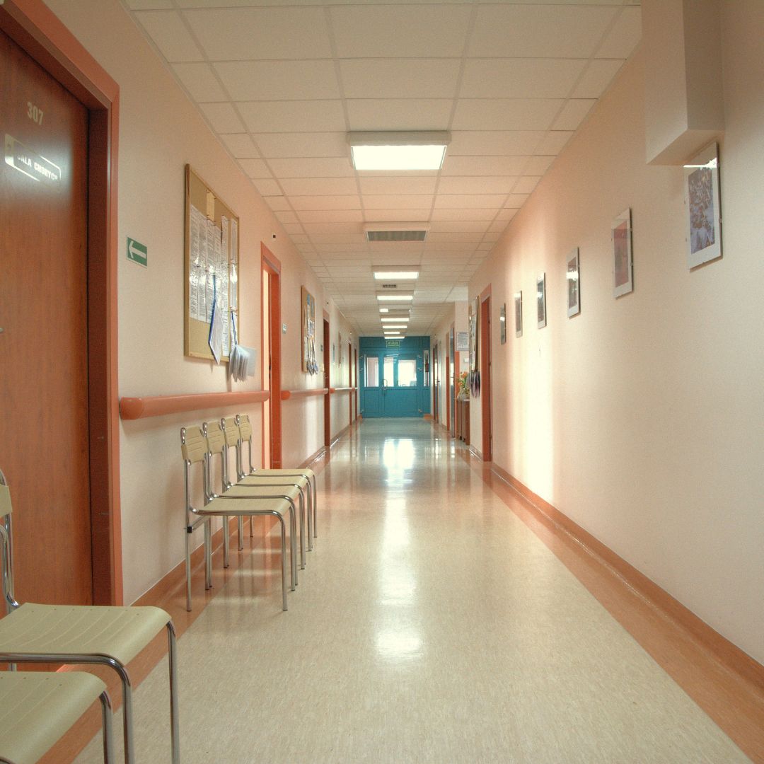 Healthcare facility hallway. 